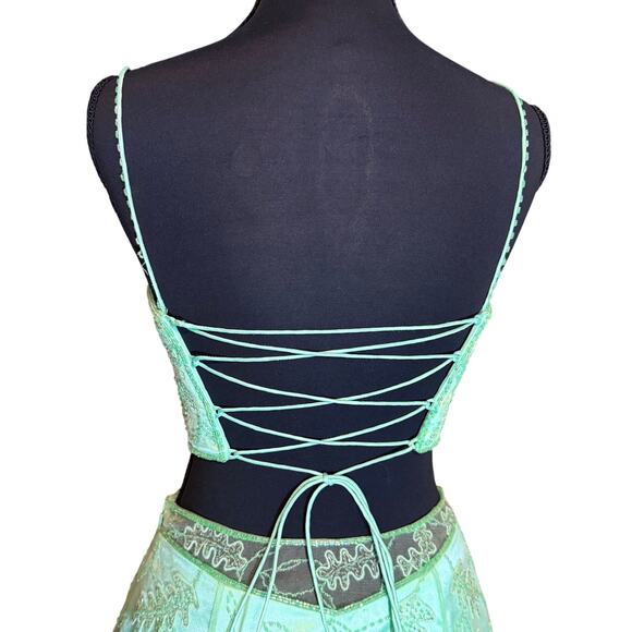 Precious Formals Mint Green Beaded 2 Piece Dress Lace Up Back Size 4 Y2K whimsi - Picture 5 of 16